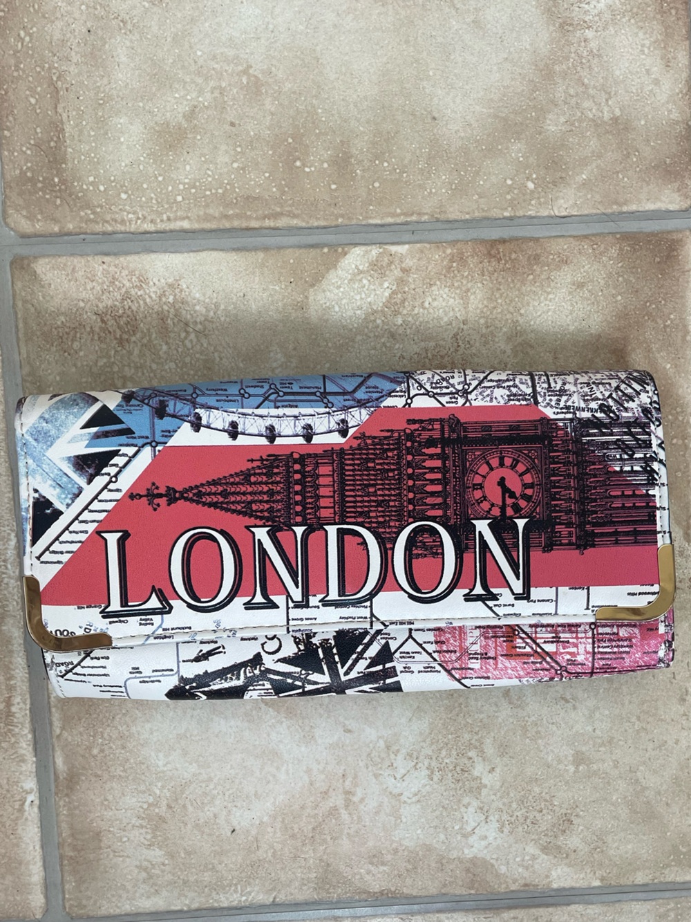 Also London themed wallet clutch, striped interior, pockets, no strap